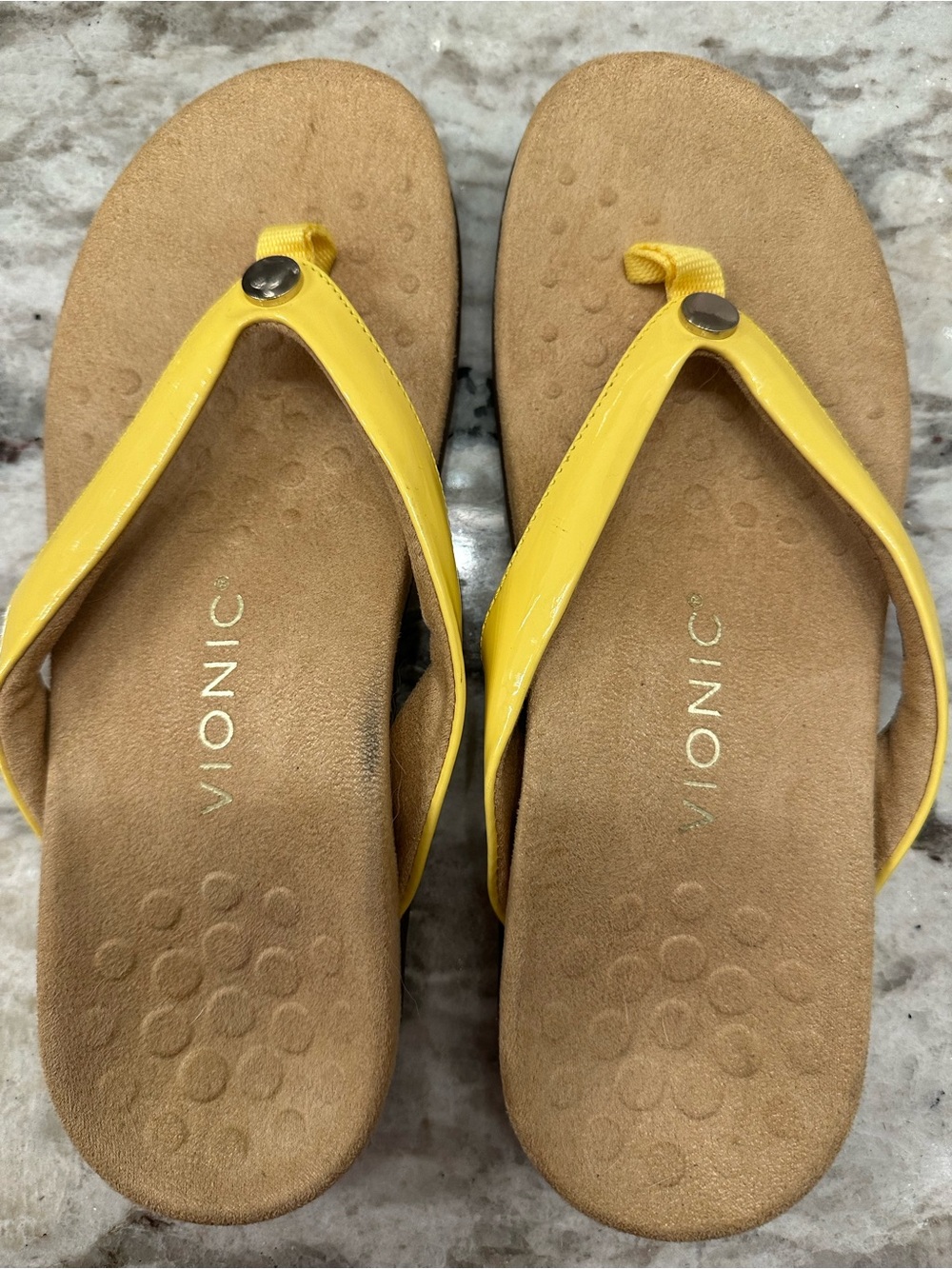 Vionic Yellow Patent Thong Sandals with Cushioned Footbed